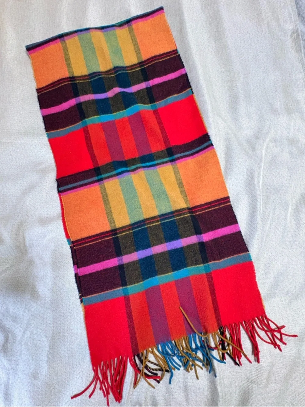 Bright Plaid Fringe Scarf Multicolor Tartan 15”x64”